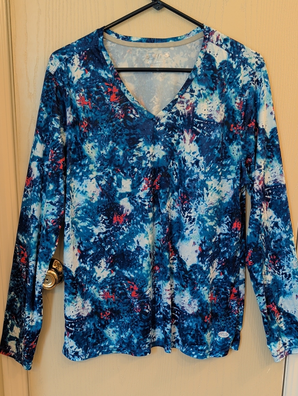 Reel Legends Blue Tie-Dye V-Neck Long Sleeve Top Women's XL Lightweight Casual